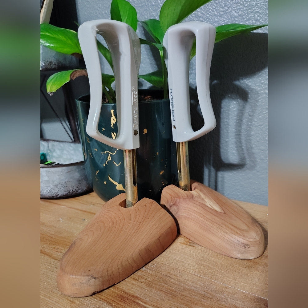 Wooden Shoe Trees with White Handles